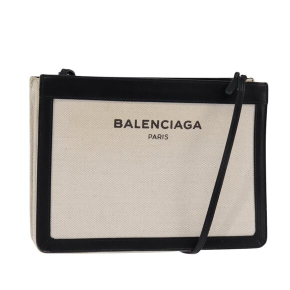 Authentic BALENCIAGA Shoulder Bag Canvas Leather White Silver 339937